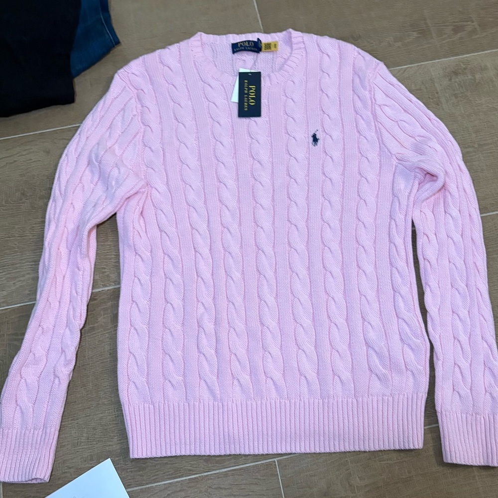 Ralph Lauren Light Pink Cable Knit Crewneck Sweater Sz Med NWT